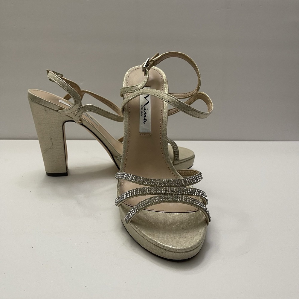 Nina Saralyn Platino Platfom Sandal Heel Size 8 Gold Rhinestone Wedding Holiday